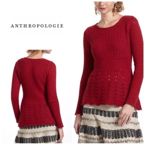 Anthropologie MEDIUM Guinevere Knit Peplum Sweater Red formfitting wool blend - Picture 1 of 6
